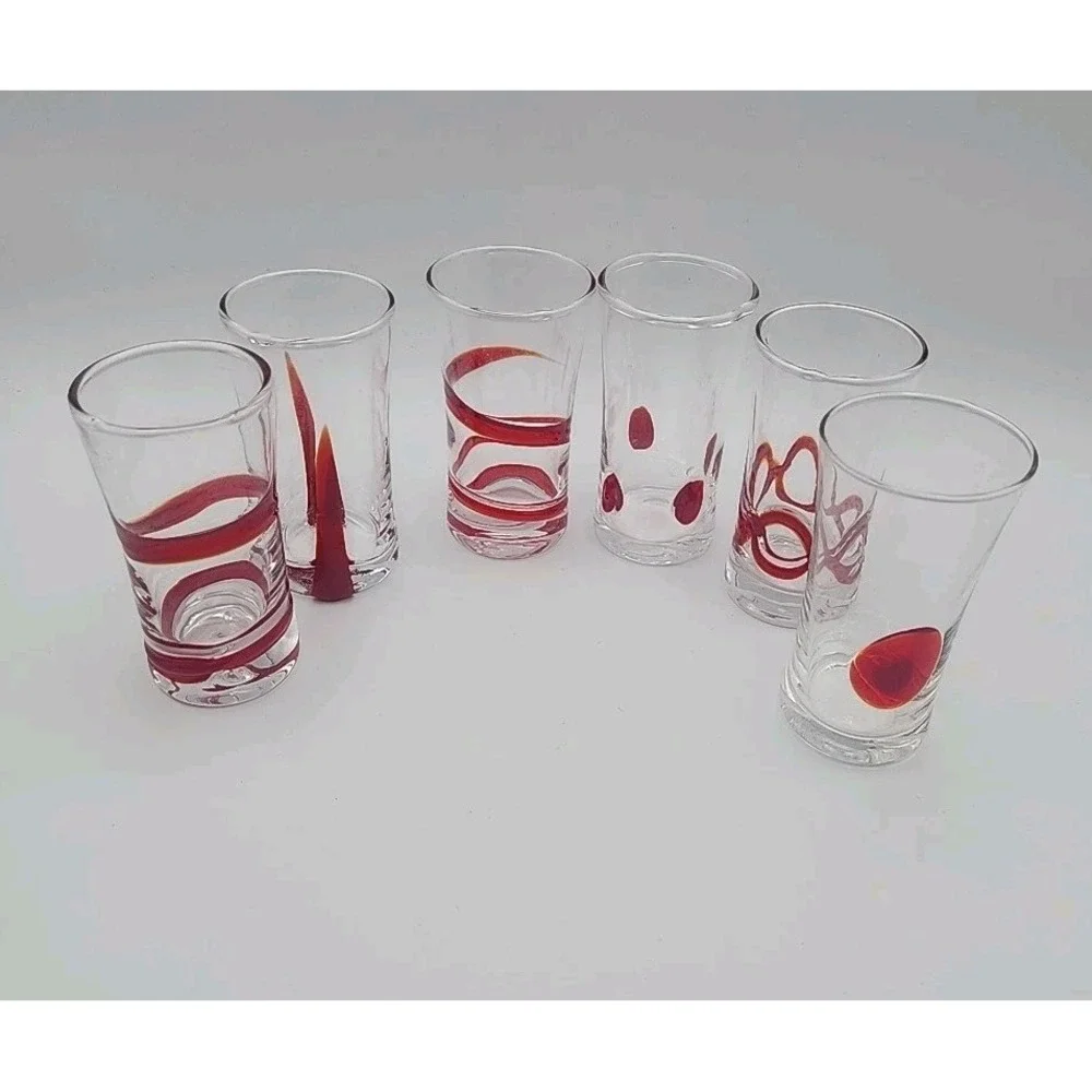 6 Pier 1 Swirline Red Swirl 4 oz. Cordial Liqueur Shot Glasses + Tray FREE SHIP